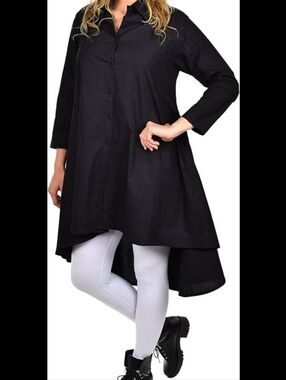 Gracia Black 100% Cotton High-Low Shirt Dress A-Line Swing Button Front